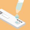 Illustration of a stool sample being applied to the sample well of a calprotectin rapid test cassette.